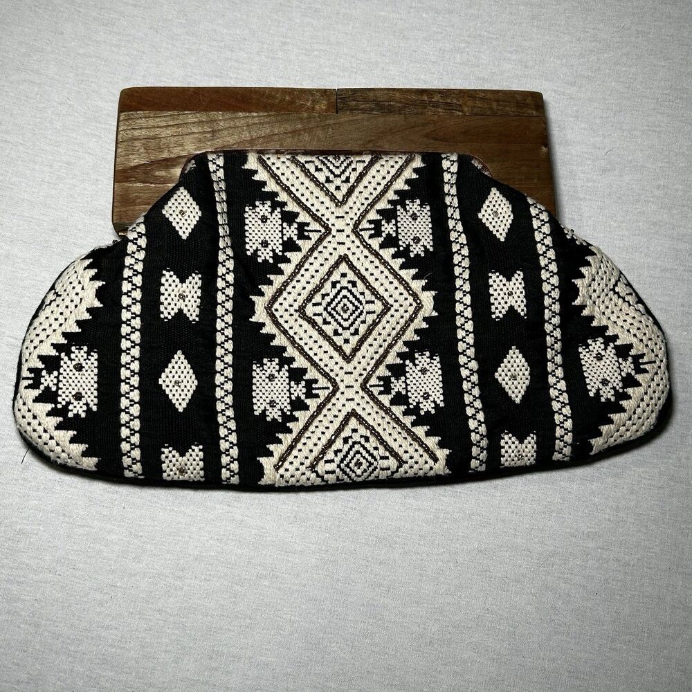 Fabulous MJ black and white embroidered boho-style clutch, Wooden Handle, Boho